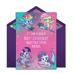 Size: 650x650 | Tagged: safe, derpibooru import, official, fluttershy, rainbow dash, rarity, twilight sparkle, twilight sparkle (alicorn), alicorn, pegasus, pony, unicorn, my little pony: pony life, galaxy, invitation, official art, stock art, stock image