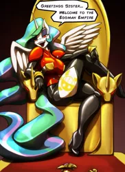 Size: 931x1280 | Tagged: alicorn, anthro, artist:toughset, breasts, chair, clothes, corrupted, derpibooru import, dialogue, doctor eggman, eggman empire of equestria, evening gloves, eyeshadow, furniture, gloves, high heels, horn, leather, lipstick, long gloves, makeup, princess celestia, purple eyeshadow, purple lipstick, red eyes, rubber, shoes, solo, sonic the hedgehog (series), suggestive, text, throne, wings