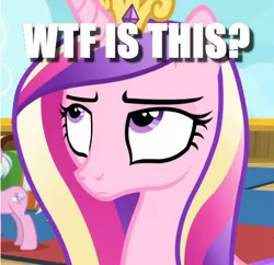 Size: 500x484 | Tagged: cadance is not amused, caption, cropped, derpibooru import, edit, edited screencap, image macro, meme, once upon a zeppelin, princess cadance, question, safe, screencap, solo focus, text, unamused