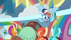 Size: 1920x1080 | Tagged: safe, derpibooru import, screencap, lighthoof, ocellus, rainbow dash, shimmy shake, smolder, yona, changedling, changeling, dragon, earth pony, pony, yak, 2 4 6 greaaat, cap, cheerleader, cheerleader outfit, clothes, coach, dragoness, female, flying, folded wings, hat, horns, looking up, monkey swings, open mouth, spread wings, underhoof, whistle, whistle necklace, wings