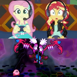 Size: 2896x2896 | Tagged: safe, derpibooru import, edit, edited screencap, screencap, fluttershy, sunset shimmer, equestria girls, equestria girls series, game stream, spoiler:eqg series (season 2), gamer sunset, gamershy, kirby, kirby (character), kirby super star, kirby super star ultra, marx soul, nightmare fuel, nintendo, sunset gamer