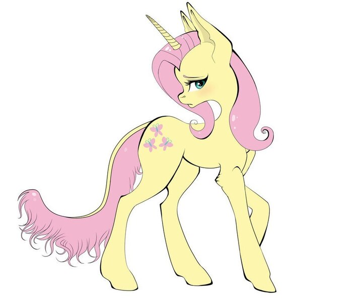 Size: 978x816 | Tagged: safe, derpibooru import, fluttershy, pony, unicorn, leak, spoiler:g5, blushing, female, fluttershy (g5), g5, mare, redesign, simple background, solo, unicorn fluttershy, white background