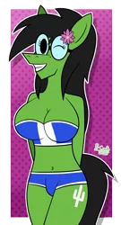 Size: 1300x2400 | Tagged: anthro, artist:b-cacto, breasts, clothes, derpibooru import, edit, flower, flower in hair, glasses, mole, oc, oc:prickly pears, one eye closed, suggestive, swimsuit, unofficial characters only, wink