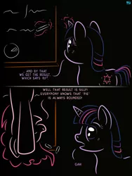 Size: 676x900 | Tagged: safe, artist:quint-t-w, derpibooru import, pinkie pie, twilight sparkle, earth pony, pony, unicorn, back of head, chalk, chalkboard, comic, dark background, dialogue, female, in which pinkie pie forgets how to gravity, magic, mare, old art, pinkie being pinkie, pinkie physics, pun, startled, telekinesis, unicorn twilight, writing