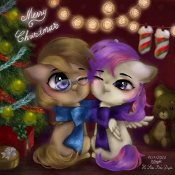 Size: 1200x1200 | Tagged: safe, artist:holambaoduyen, derpibooru import, oc, oc:dawnsong, oc:evensong, unofficial characters only, earth pony, pegasus, cheek squish, christmas, christmas tree, clothes, commission, couple, glasses, holiday, merry christmas, one eye closed, ribbon, scarf, shared clothing, shared scarf, squishy cheeks, teddy bear, tree, wink, ych result
