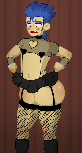 Size: 700x1300 | Tagged: suggestive, artist:mashoart, derpibooru import, flash sentry, equestria girls, arm warmers, blushing, choker, clothes, crossdressing, eyeshadow, fishnets, garters, girly sentry, lingerie, lipstick, makeup, miniskirt, see-through, skirt, skirt lift, socks, stockings, stupid sexy flash sentry, thigh highs, thighs