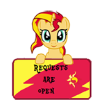Size: 150x147 | Tagged: safe, artist:majkashinoda626, derpibooru import, sunset shimmer, pony, unicorn, happy, request info, requests are open, sign, solo