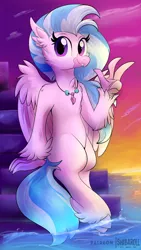 Size: 2160x3840 | Tagged: artist:shibaroll, classical hippogriff, cute, derpibooru import, diastreamies, hippogriff, jewelry, looking at you, necklace, peace sign, safe, silverstream, sitting, smiling, solo, water