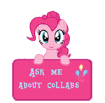 Size: 150x147 | Tagged: artist:majkashinoda626, ask me about collabs, collab info, derpibooru import, pinkie pie, safe, sign, solo