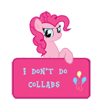 Size: 150x147 | Tagged: angry, artist:majkashinoda626, collab info, derpibooru import, i don't do collabs, pinkie pie, safe, sign, solo