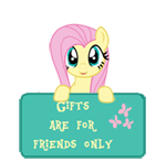 Size: 150x147 | Tagged: safe, artist:majkashinoda626, derpibooru import, fluttershy, pegasus, pony, gift info, gifts are for friends only, sign, solo