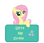 Size: 150x147 | Tagged: safe, artist:majkashinoda626, derpibooru import, fluttershy, pegasus, pony, angry, gift info, gifts are closed, sign, solo