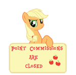 Size: 150x147 | Tagged: angry, applejack, artist:majkashinoda626, color correction, derpibooru import, hatless, missing accessory, point commission info, point commissions are closed, safe, sign, simple background, solo, transparent background