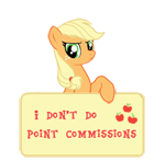 Size: 150x147 | Tagged: angry, applejack, artist:majkashinoda626, derpibooru import, hatless, i don't do point commissions, missing accessory, picture for breezies, safe, sign, simple background, solo, transparent background