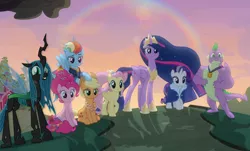 Size: 1384x838 | Tagged: safe, derpibooru import, edit, edited screencap, screencap, vector edit, applejack, fluttershy, pinkie pie, princess twilight 2.0, queen chrysalis, rainbow dash, rarity, spike, twilight sparkle, twilight sparkle (alicorn), alicorn, changeling, changeling queen, dragon, pegasus, pony, unicorn, the last problem, a better ending for chrysalis, adorkable, alternate ending, alternate hairstyle, alternate scenario, alternate universe, awkward smile, cropped, crown, cute, cutealis, dork, dorkalis, end of ponies, excited, faic, female, former queen chrysalis, gigachad spike, giggling, good end, grin, happy, immature, irrational exuberance, jewelry, mane seven, mane six, mare, older, older applejack, older fluttershy, older mane seven, older mane six, older pinkie pie, older rainbow dash, older rarity, older spike, older twilight, redemption, reformed, regalia, silly, smiling, spead wings, spread wings, squee, standing, sunset, sweet apple acres barn, sweet dreams fuel, teeth, the end, vector, what if, when she smiles, winged spike, wings