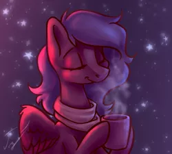 Size: 1000x900 | Tagged: safe, artist:гусь, derpibooru import, oc, pegasus, pony, clothes, coffee, coffee cup, cup, female, hoof hold, mare, pleased, scarf, simple background, smiling, snow, solo, stars