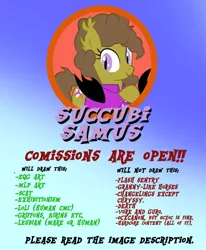 Size: 1325x1606 | Tagged: safe, artist:succubi samus, derpibooru import, oc, oc:moon pearl, bat pony, pony, announcement, commission, commissions open, font, lists, show accurate, simple background