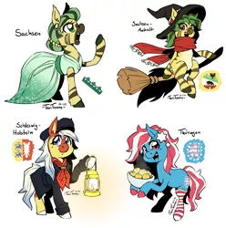 Size: 1417x1429 | Tagged: safe, artist:taritoons, derpibooru import, oc, ponified, unnamed oc, unofficial characters only, earth pony, pony, zebra, broom, clothes, flying, flying broomstick, food, germany, hat, lantern, nation ponies, open mouth, saxony, saxony-anhalt, schleswig-holstein, simple background, singing, thuringia, white background, witch, witch hat