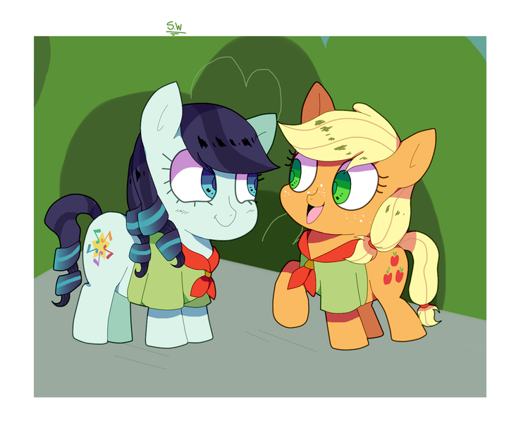 Size: 1571x1287 | Tagged: safe, artist:stuwor-art, derpibooru import, applejack, coloratura, earth pony, pony, clothes, cutie mark, female, filly, filly applejack, filly coloratura, lesbian, rara, rarajack, shipping, younger