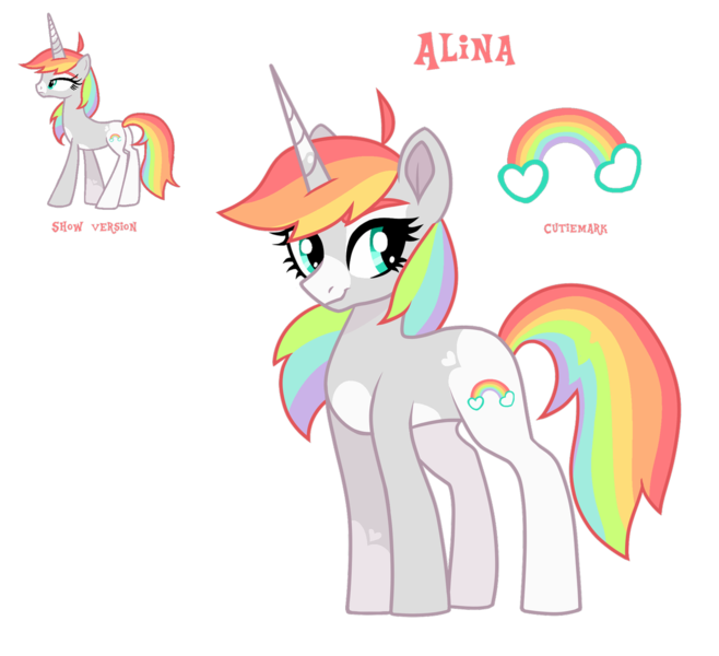 Size: 1280x1167 | Tagged: safe, artist:koloredkat, derpibooru import, oc, oc:alina, unofficial characters only, pony, unicorn, base used, female, horn, mare, multicolored hair, rainbow, rainbow hair, reference sheet, simple background, smiling, transparent background, unicorn oc