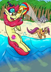 Size: 1920x2716 | Tagged: safe, artist:lizardwithhat, derpibooru import, apple bloom, scootaloo, sweetie belle, earth pony, pegasus, pony, robot, robot pony, beach, beach ball, eyelashes on the wrong side, female, flower, flower in hair, jumping, mare, open mouth, palm tree, snorkel, sweetie bot, tree, water