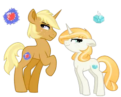 Size: 2500x2000 | Tagged: safe, artist:koloredkat, derpibooru import, oc, oc:patchwork, oc:zircon, unofficial characters only, pony, unicorn, duo, female, horn, magical lesbian spawn, male, mare, offspring, parent:applejack, parent:rarity, parent:trenderhoof, parents:rarijack, parents:trenderjack, raised hoof, reference sheet, simple background, stallion, story included, transparent background, unicorn oc