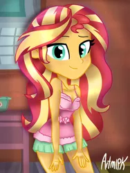 Size: 1536x2048 | Tagged: safe, artist:artmlpk, derpibooru import, sunset shimmer, equestria girls, adorkable, alternate design, bedroom, blushing, clothes, cute, dork, exposed shoulders, female, fluffy, hands on thighs, house, looking at you, pajamas, sexy, shimmerbetes, shorts, sleepover, smiling, smiling at you, smirk, solo, thighs, tomboy
