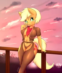 Size: 1750x2063 | Tagged: alternate hairstyle, anthro, applejack, artist:canister, breasts, busty applejack, cameltoe, chaps, clothes, cowgirl, curvy, derpibooru import, female, hourglass figure, neckerchief, open clothes, open shirt, panties, short hair, solo, solo female, suggestive, underwear