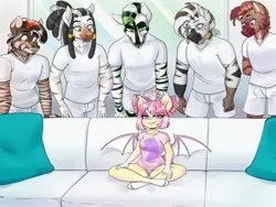 Size: 2048x1536 | Tagged: suggestive, artist:annakitsun3, derpibooru import, oc, oc:kondo moni, oc:piper, oc:shoti, oc:sunset sorbet, oc:zabu, oc:zahk, oc:zayn, unofficial characters only, anthro, bat pony, zebra, bat pony oc, bat wings, bedroom eyes, breasts, clothes, couch, dreadlocks, ear piercing, eyes on the prize, female, grin, lidded eyes, male, meme, piercing, pillow, piper perri surrounded, sitting, size, smiling, smirk, wings, zebradom, zebra oc