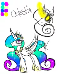 Size: 888x1150 | Tagged: safe, artist:didun850, derpibooru import, princess celestia, alicorn, pony, bags under eyes, bust, ethereal mane, eyeliner, female, glowing eyes, glowing horn, hoof shoes, horn, jewelry, makeup, mare, peytral, reference sheet, signature, simple background, starry mane, tiara, white background