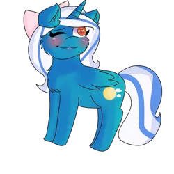 Size: 400x400 | Tagged: adorabelle, adorable face, alicorn, alicorn oc, artist:candyfreaky, blushing, bow, cheek fluff, chest fluff, cute, derpibooru import, ear fluff, female, hair bow, horn, looking back, mare, oc, oc:fleurbelle, one eye closed, safe, simple background, solo, sweet, transparent background, unofficial characters only, wings, wink, winking at you, yellow eyes
