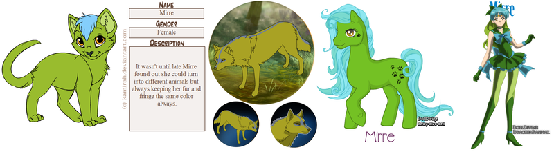 Size: 2160x594 | Tagged: safe, artist:baby-blue-bell, artist:kamirah, artist:onetrickwolf, derpibooru import, oc, oc:mirre, unofficial characters only, cat, earth pony, human, pony, wolf, dolldivine, earth pony oc, female, g1, humanized, mare, paw prints, reference sheet, species swap