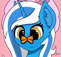 Size: 1199x1124 | Tagged: adorabelle, adorable face, alicorn, alicorn oc, artist:soaringspark, bow, butterfly, butterfly on nose, cute, derpibooru import, ear fluff, female, hair bow, happy, horn, insect on nose, mare, oc, oc:fleurbelle, safe, wings, yellow eyes