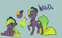 Size: 1300x800 | Tagged: safe, artist:lavvythejackalope, derpibooru import, oc, oc:whodo, unofficial characters only, earth pony, pony, :o, baby, baby pony, cap, colored hooves, earth pony oc, eyes closed, hair over one eye, hat, jewelry, necklace, open mouth, raised hoof, reference sheet, sitting, skull