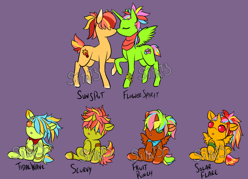 Size: 1800x1300 | Tagged: safe, artist:lavvythejackalope, derpibooru import, oc, oc:fruit punch, oc:scurvy, oc:solar flare, oc:sunspot, unofficial characters only, alicorn, earth pony, pony, unicorn, :o, alicorn oc, baby, baby pony, bracelet, clothes, colored hooves, colt, earth pony oc, eyes closed, hair over eyes, hair over one eye, horn, jewelry, male, oc x oc, offscreen character, offspring, open mouth, raised hoof, reference sheet, scarf, shipping, sitting, underhoof, unicorn oc, wings