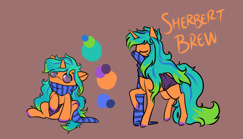 Size: 1400x800 | Tagged: safe, artist:lavvythejackalope, derpibooru import, oc, oc:sherbert brew, unofficial characters only, pony, unicorn, baby, baby pony, clothes, colored hooves, eyes closed, horn, raised hoof, reference sheet, scarf, sitting, unicorn oc