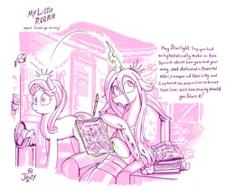 Size: 2032x1766 | Tagged: safe, artist:jowybean, derpibooru import, queen chrysalis, starlight glimmer, changeling, changeling queen, pony, unicorn, series:my little roomie, book, crystal hearts (snack), dialogue, drink, duo, female, food, high res, magic, mare, monochrome, open mouth, roommates, simple background, telekinesis, thinking, white background, wide eyes
