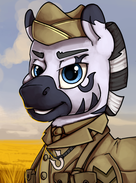 Size: 1000x1347 | Tagged: safe, artist:empressbridle, derpibooru import, oc, oc:kona, unofficial characters only, zebra, equestria at war mod, advertisement in description, bust, clothes, portrait, solo, suggestive description, uniform, war