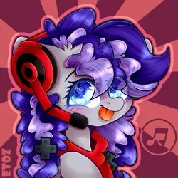 Size: 2500x2500 | Tagged: safe, alternate version, artist:etoz, derpibooru import, oc, oc:cinnabyte, earth pony, pony, :p, adorkable, bandana, bust, cute, dork, eye clipping through hair, female, gamer, gaming headset, glasses, headset, icon, mare, nerd, sunburst background, tongue out