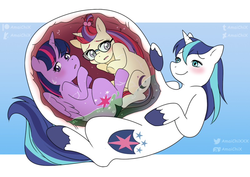 Size: 1169x827 | Tagged: questionable, artist:amaichix, derpibooru import, moondancer, shining armor, twilight sparkle, twilight sparkle (alicorn), alicorn, pony, unicorn, belly, big belly, blushing, brother and sister, female, glasses, huge belly, impossibly large belly, male, mare, preylight, same size vore, siblings, stallion, stomach acid, vore, x-ray