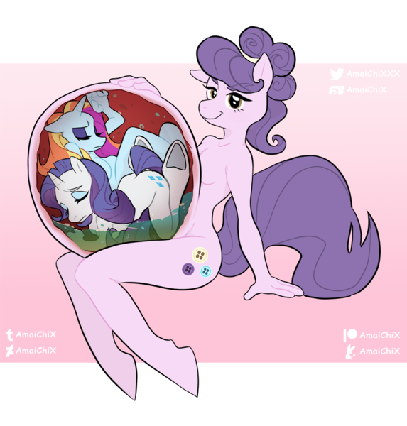 Size: 914x957 | Tagged: questionable, artist:amaichix, derpibooru import, rarity, sassy saddles, suri polomare, anthro, earth pony, unguligrade anthro, unicorn, belly, big belly, female, huge belly, impossibly large belly, rariprey, stomach acid, vore, x-ray