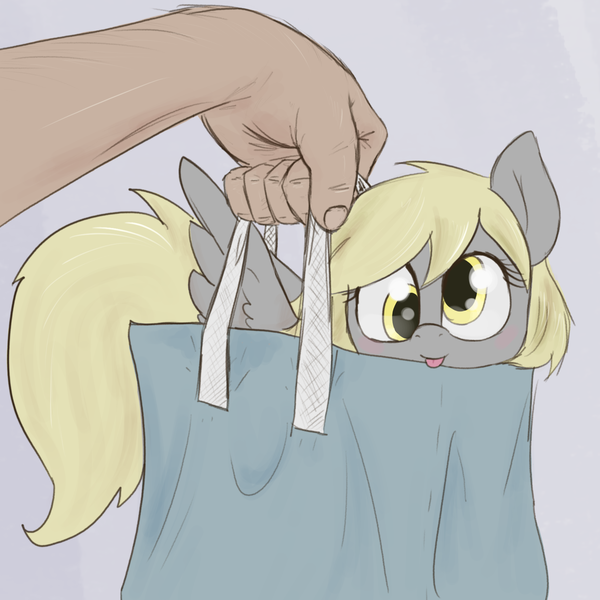 Size: 1700x1700 | Tagged: safe, artist:t72b, derpibooru import, derpy hooves, human, pegasus, pony, :p, behaving like a cat, cute, cuteness overload, derpabetes, disembodied hand, female, hand, holding a pony, if i fits i sits, it's dangerous to go alone, looking at you, mare, mlem, pony in a bag, silly, solo focus, t72b is trying to murder us, tongue out, weapons-grade cute