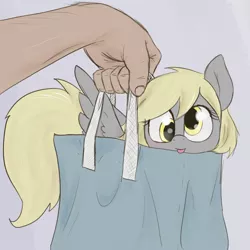 Size: 1700x1700 | Tagged: safe, artist:t72b, derpibooru import, derpy hooves, human, pegasus, pony, :p, behaving like a cat, cute, cuteness overload, derpabetes, disembodied hand, female, hand, holding a pony, if i fits i sits, it's dangerous to go alone, looking at you, mare, mlem, pony in a bag, silly, solo focus, t72b is trying to murder us, tongue out, weapons-grade cute