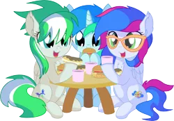 Size: 8794x6114 | Tagged: safe, artist:cyanlightning, derpibooru import, oc, oc:azure lightning, oc:cyan lightning, oc:emerald lightning, pegasus, pony, unicorn, .svg available, absurd resolution, brother and sister, burger, chest fluff, chocolate, colt, cute, cutie mark, ear fluff, eating, eclair, female, filly, folded wings, food, hair, hay burger, holding, male, open mouth, siblings, simple background, sitting, table, transparent background, trio, vector, wings