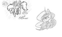 Size: 1461x887 | Tagged: safe, artist:binkyt11, derpibooru import, derpy hooves, princess celestia, alicorn, pegasus, pony, bleb, derp, monochrome, simple background, traditional art, white background