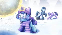 Size: 4000x2250 | Tagged: safe, artist:ohemo, derpibooru import, princess flurry heart, shining armor, twilight sparkle, twilight sparkle (alicorn), alicorn, pony, unicorn, boots, clothes, earmuffs, family, female, filly, giant snowball, hat, high res, jacket, magic, male, mare, scarf, shoes, smiling, snow, snowball, snowball fight, socks, stallion, telekinesis, this will end in pain, trio, winter, winter jacket