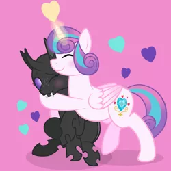 Size: 2000x2000 | Tagged: safe, artist:squipycheetah, derpibooru import, princess flurry heart, oc, oc:tagma, alicorn, changeling, pony, blushing, canon x oc, changeling oc, colored wings, crystal heart, cute, cuteling, cutie mark, eyes closed, fangs, female, filly, flurrybetes, folded wings, freckles, happy, heart, hug, lesbian, magic, magic aura, older, older flurry heart, one eye closed, pink background, purple changeling, purple eyes, raised hoof, shipping, simple background, sitting, smiling, tagmaheart, wings