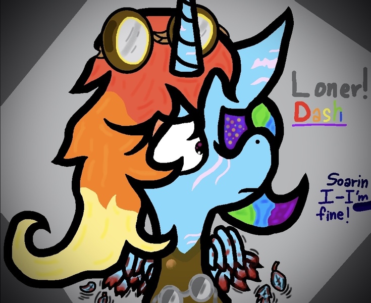 Size: 1014x828 | Tagged: semi-grimdark, artist:kittycatrittycat, derpibooru import, rainbow dash, soarin', alicorn, series:you clip then you crash, alicornified, blood, clothes, female, galaxy eye, goggles, hair over one eye, implied shipping, implied soarin', implied soarindash, implied straight, kinda old, lost eye, male, missing eye, outfit, race swap, rainbowcorn, ripped wing, scarf, shipping, soarindash, solo, straight, thick pen, wings, worried