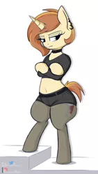 Size: 2160x3840 | Tagged: suggestive, artist:andelai, derpibooru import, oc, oc:celice, unofficial characters only, semi-anthro, unicorn, belly button, bipedal, clothes, crossed arms, crossed hooves, female, frown, mare, midriff, pantyhose, patreon, patreon logo, piercing, short tail, shorts, solo, solo female, thick, wide hips