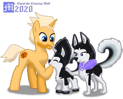 Size: 2228x1800 | Tagged: safe, artist:mrchaosthecunningwlf, artist:ponyvillechaos577, derpibooru import, oc, oc:frost cloud, oc:memphis frost, oc:sheila cloud, alicorn, dog, husky, hybrid, pony, unicorn, alicorn oc, family, father, female, foal, horn, interspecies, interspecies offspring, male, mother, offspring, parents:oc x oc, puppy, stallion, wings